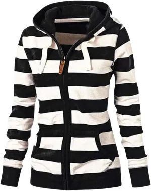 Hoodies for Womens Oversized Striped Hooded Sweatshirt Full Zip Classic Drawstring Jackets Casual Coat Tops Pockets