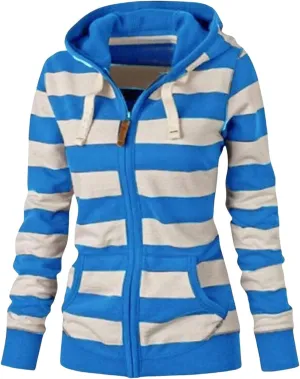 Hoodies for Womens Oversized Striped Hooded Sweatshirt Full Zip Classic Drawstring Jackets Casual Coat Tops Pockets