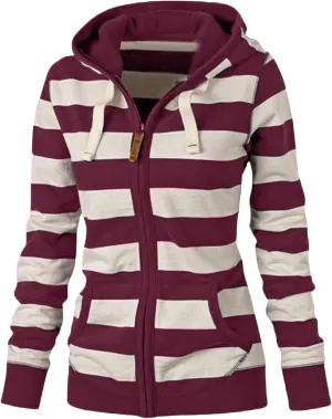 Hoodies for Womens Oversized Striped Hooded Sweatshirt Full Zip Classic Drawstring Jackets Casual Coat Tops Pockets