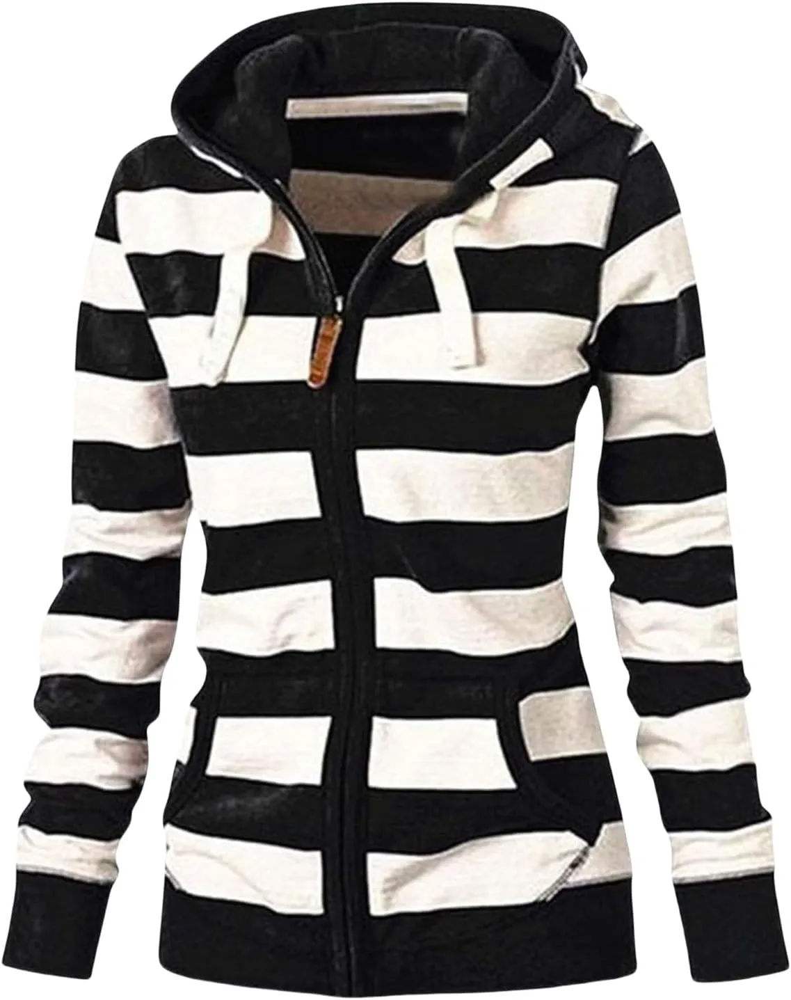 Hoodies for Womens Oversized Striped Hooded Sweatshirt Full Zip Classic Drawstring Jackets Casual Coat Tops Pockets