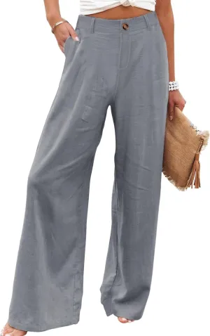 Hooever Womens Cotton Linen Pants Casual Button Up High Waisted Wide Leg Trousers