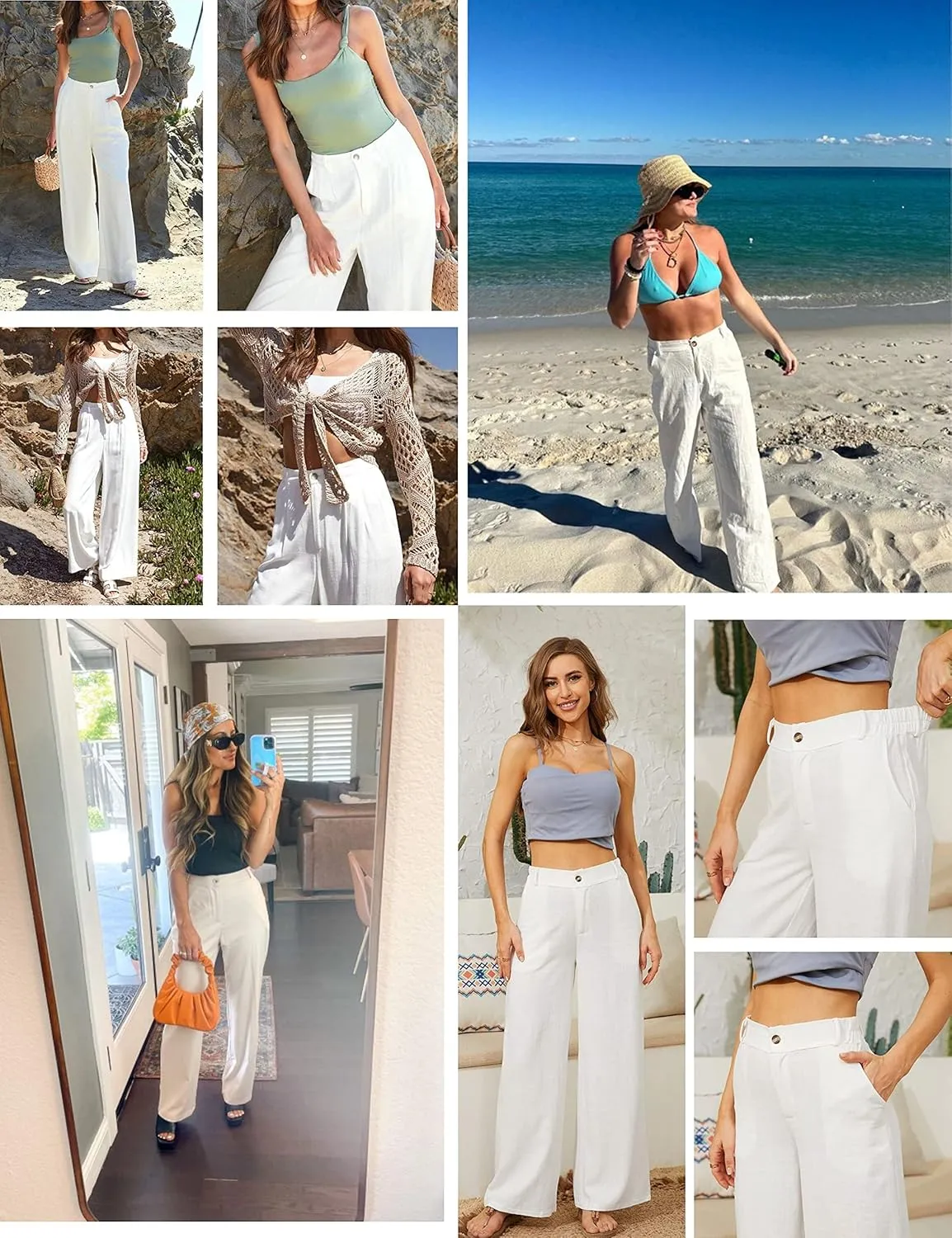 Hooever Womens Cotton Linen Pants Casual Button Up High Waisted Wide Leg Trousers