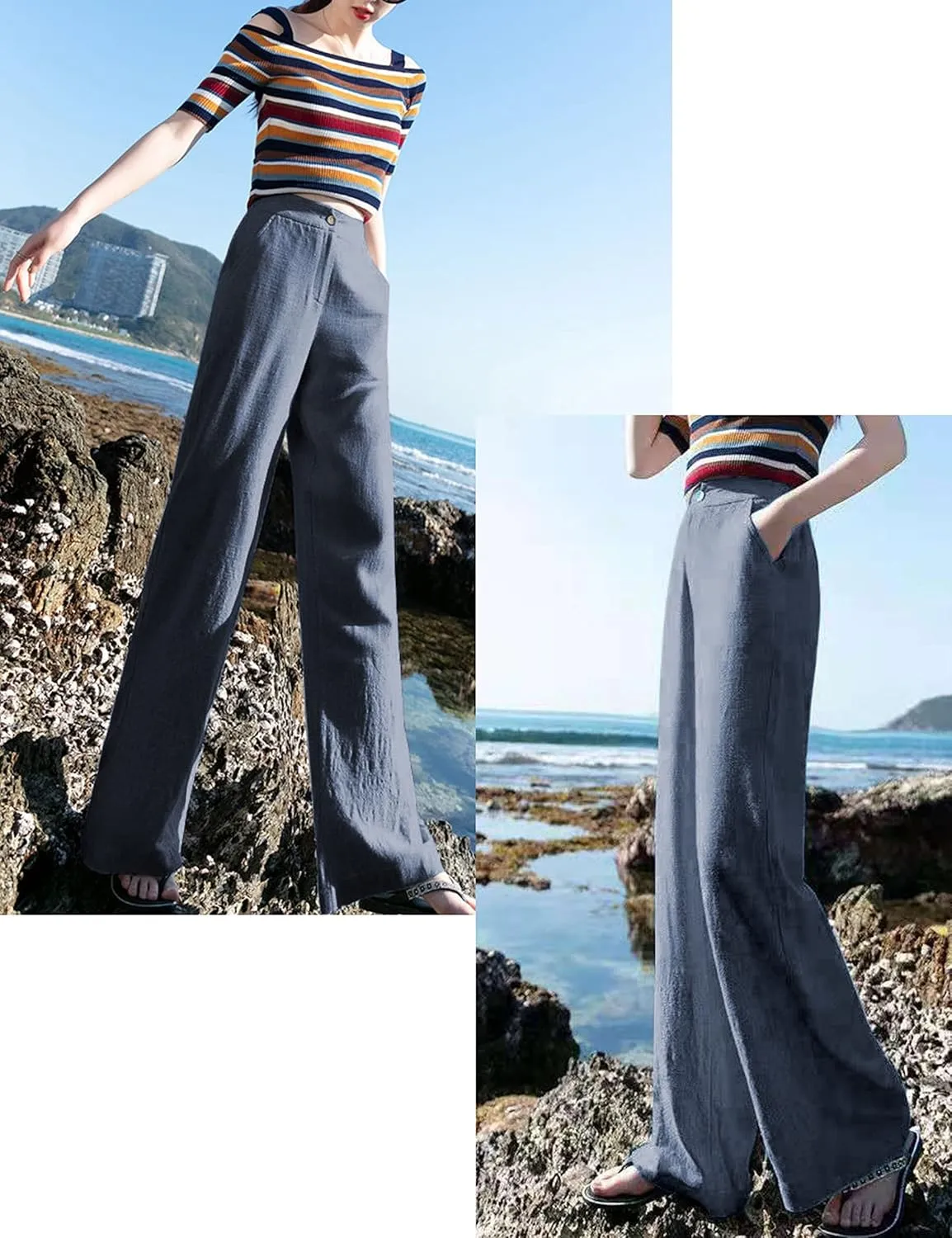 Hooever Womens Cotton Linen Pants Casual Button Up High Waisted Wide Leg Trousers