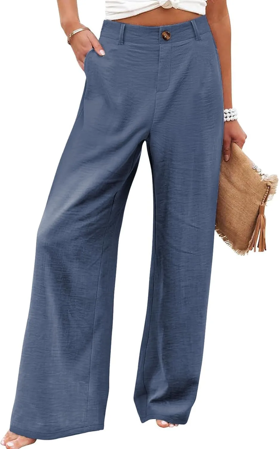 Hooever Womens Cotton Linen Pants Casual Button Up High Waisted Wide Leg Trousers