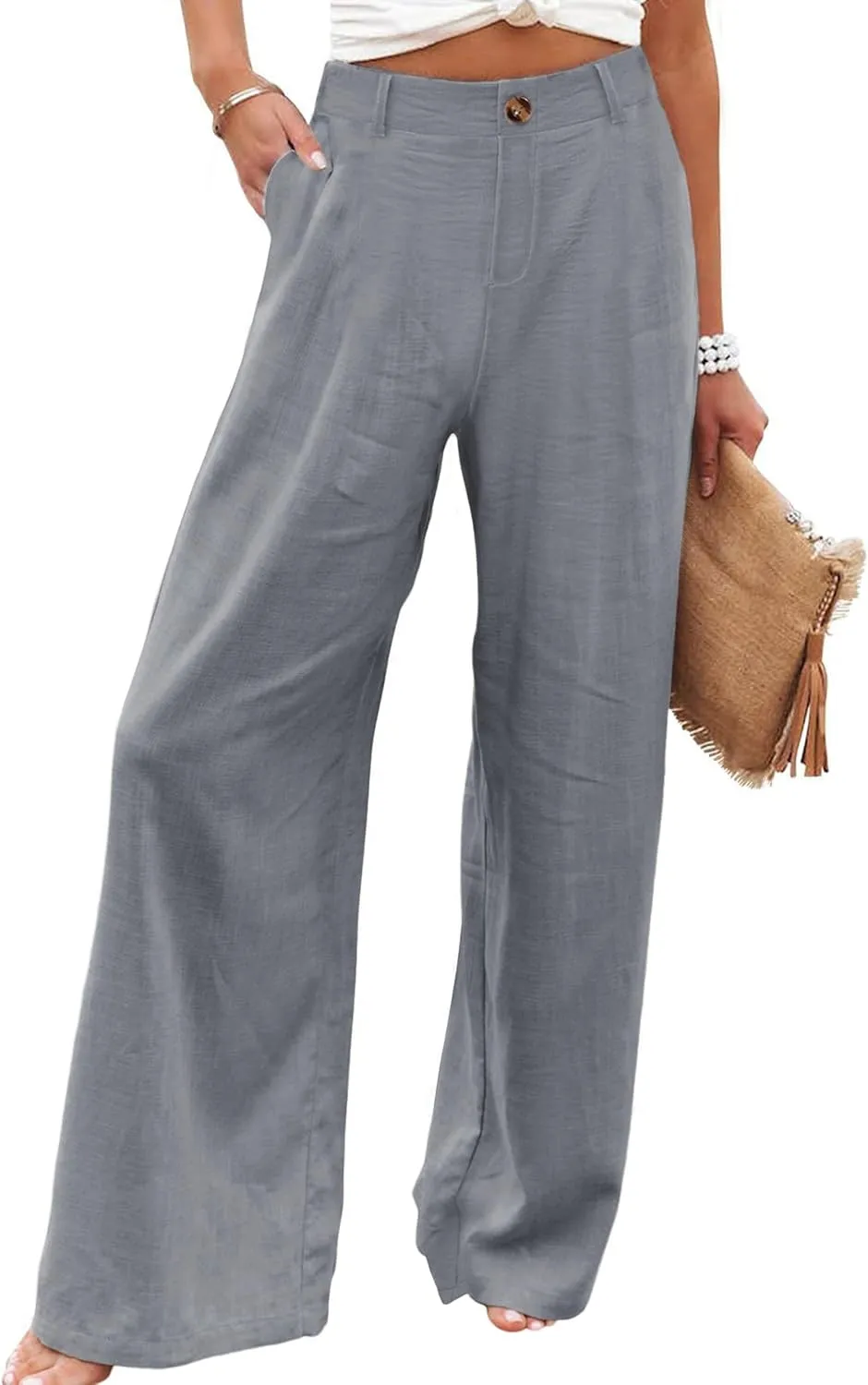 Hooever Womens Cotton Linen Pants Casual Button Up High Waisted Wide Leg Trousers