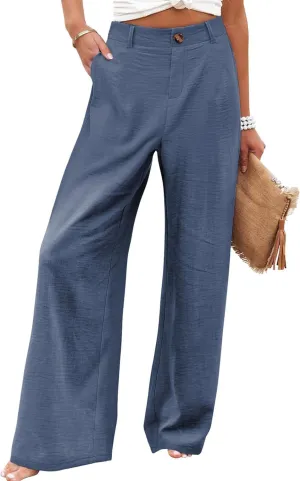 Hooever Womens Cotton Linen Pants Casual Button Up High Waisted Wide Leg Trousers