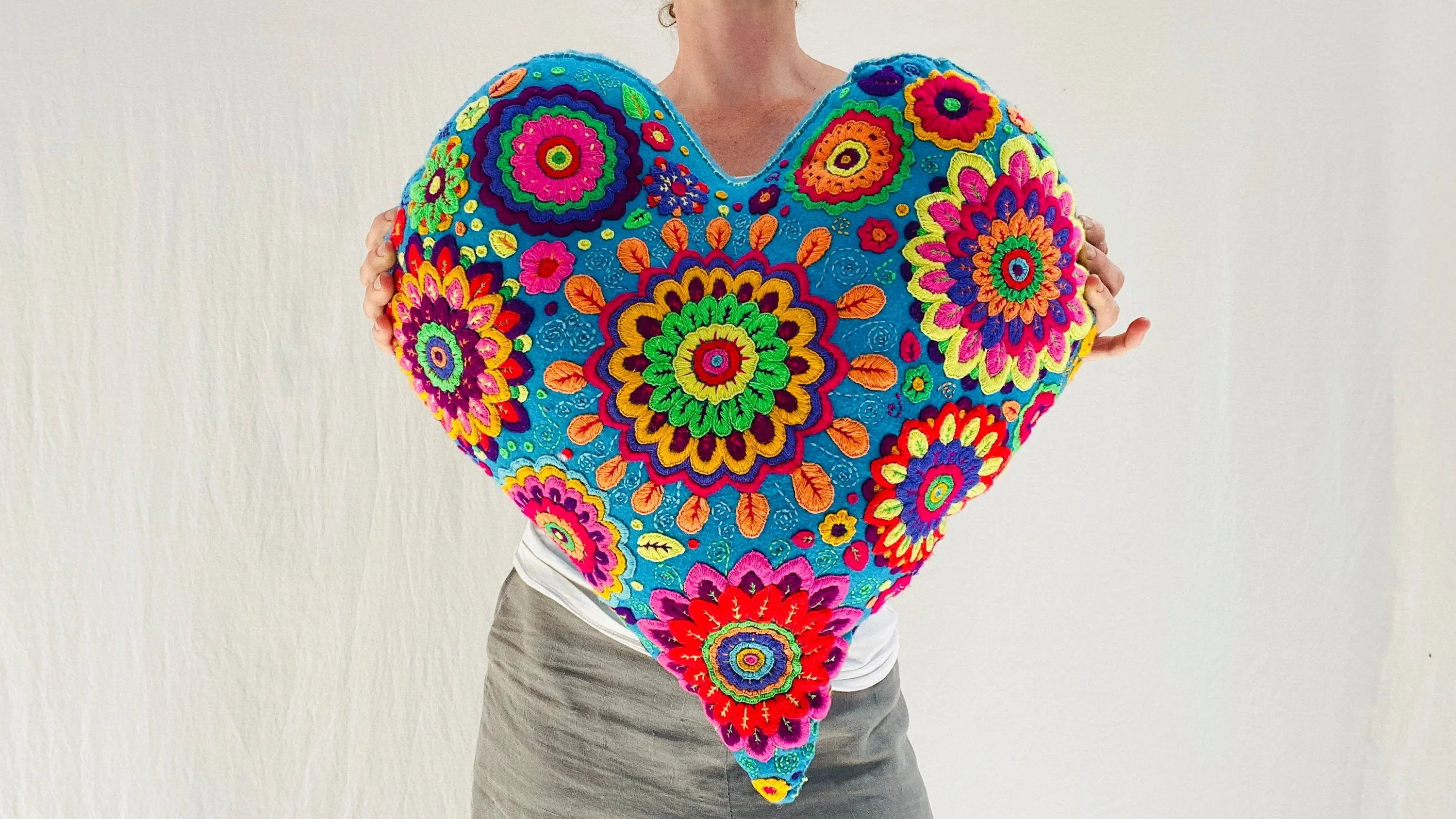 Huge Hand-Embroidered Heart PIllow! 21 inches long.