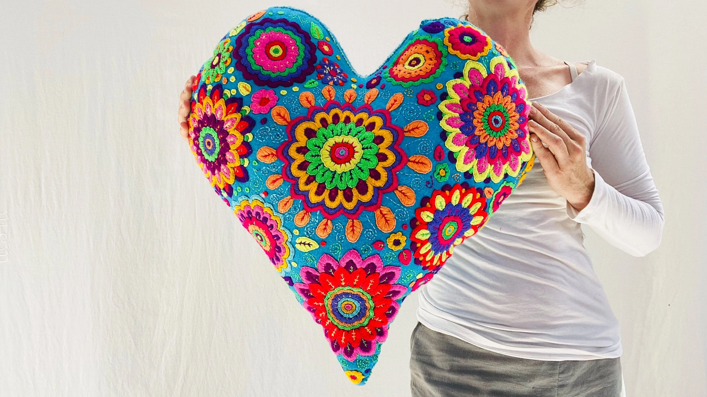 Huge Hand-Embroidered Heart PIllow! 21 inches long.