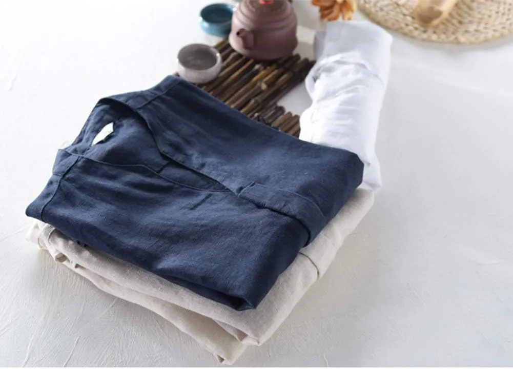 Icegrey Summer Linen Shirts Men Short Sleeve V-Neck T Shirt