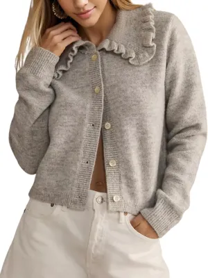 InterNos Womens Y2k Ruffled Collar Cardigan Sweaters Classic Button Down Long Sleeves Fall Sweater Crop Tops