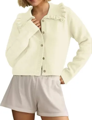 InterNos Womens Y2k Ruffled Collar Cardigan Sweaters Classic Button Down Long Sleeves Fall Sweater Crop Tops