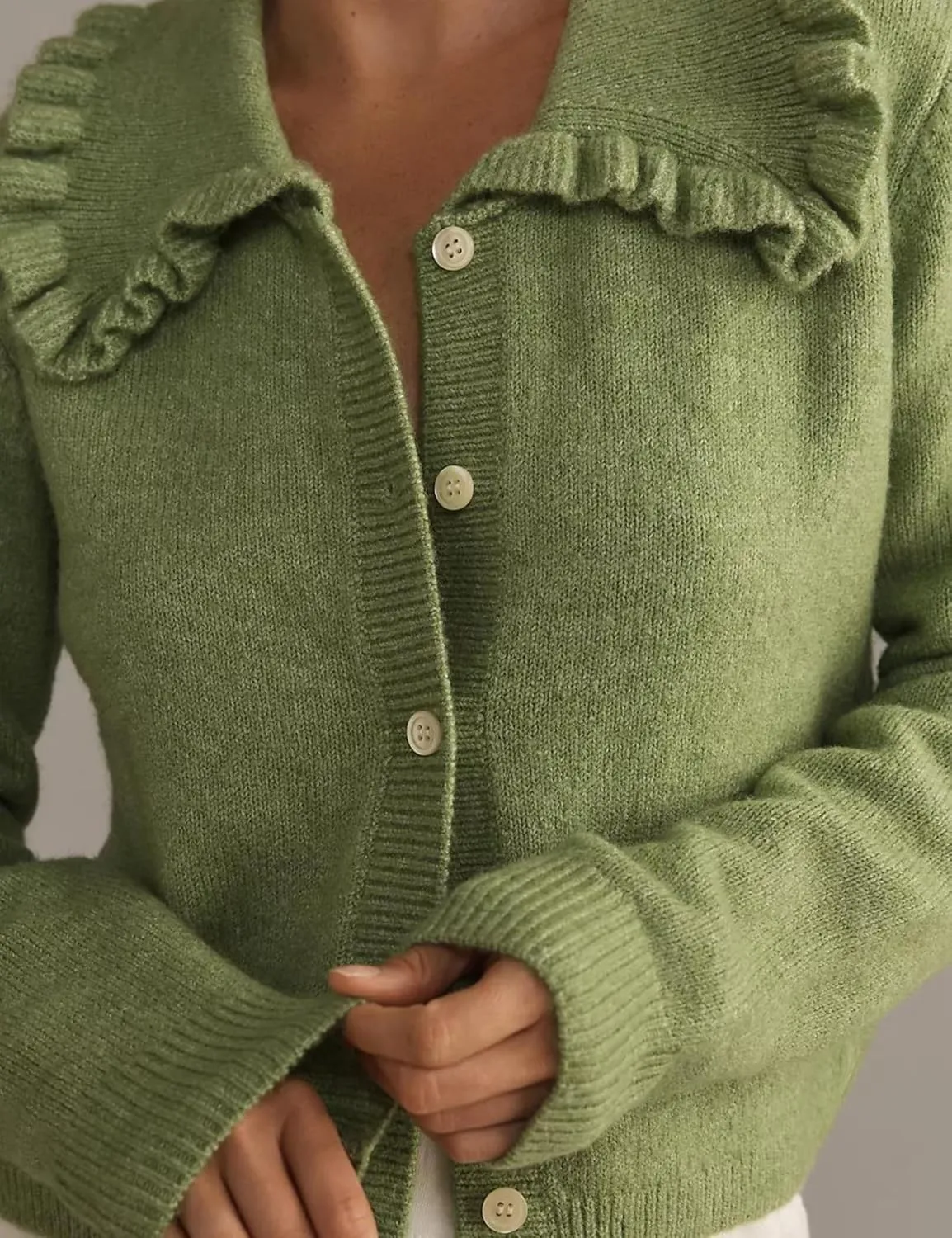 InterNos Womens Y2k Ruffled Collar Cardigan Sweaters Classic Button Down Long Sleeves Fall Sweater Crop Tops