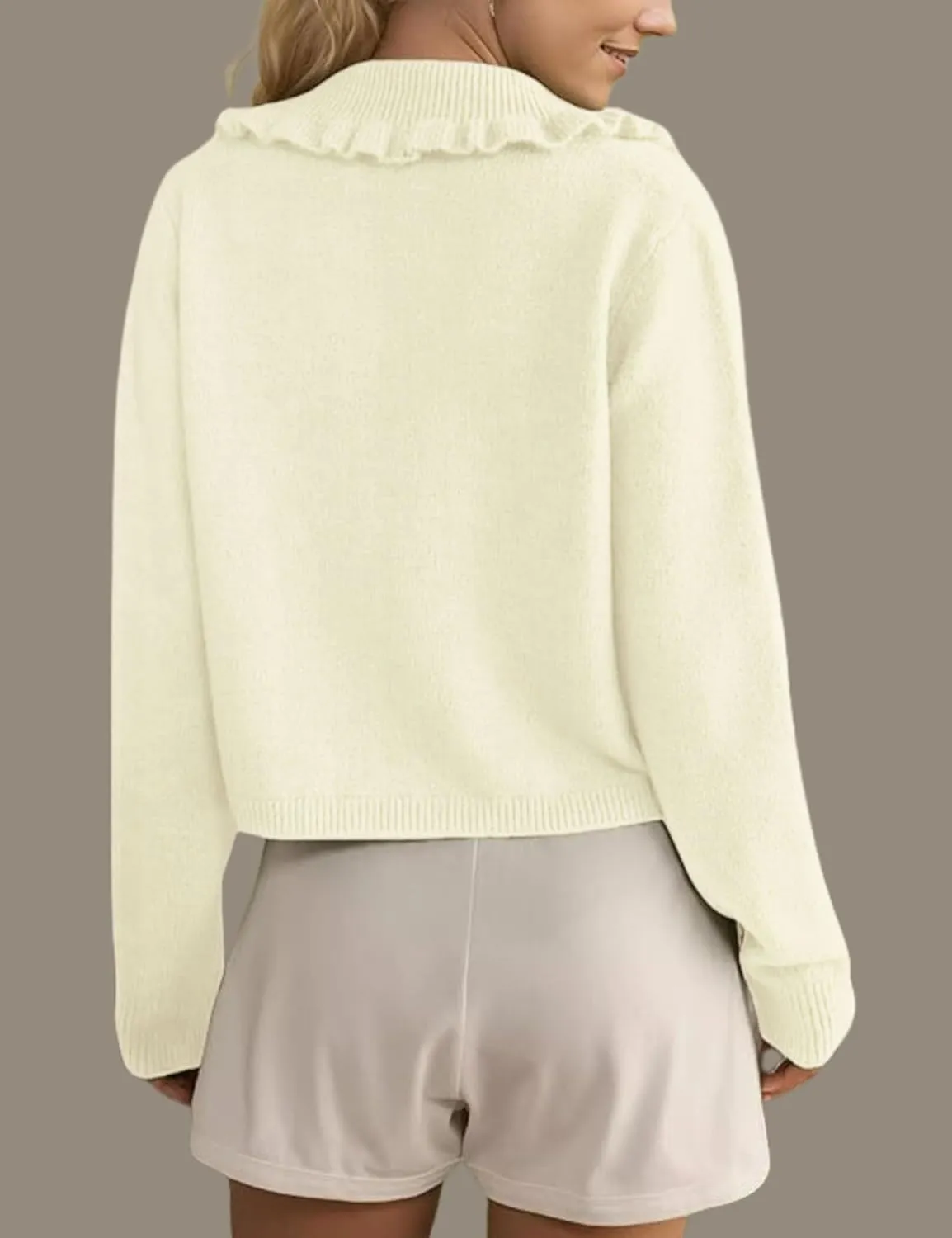 InterNos Womens Y2k Ruffled Collar Cardigan Sweaters Classic Button Down Long Sleeves Fall Sweater Crop Tops