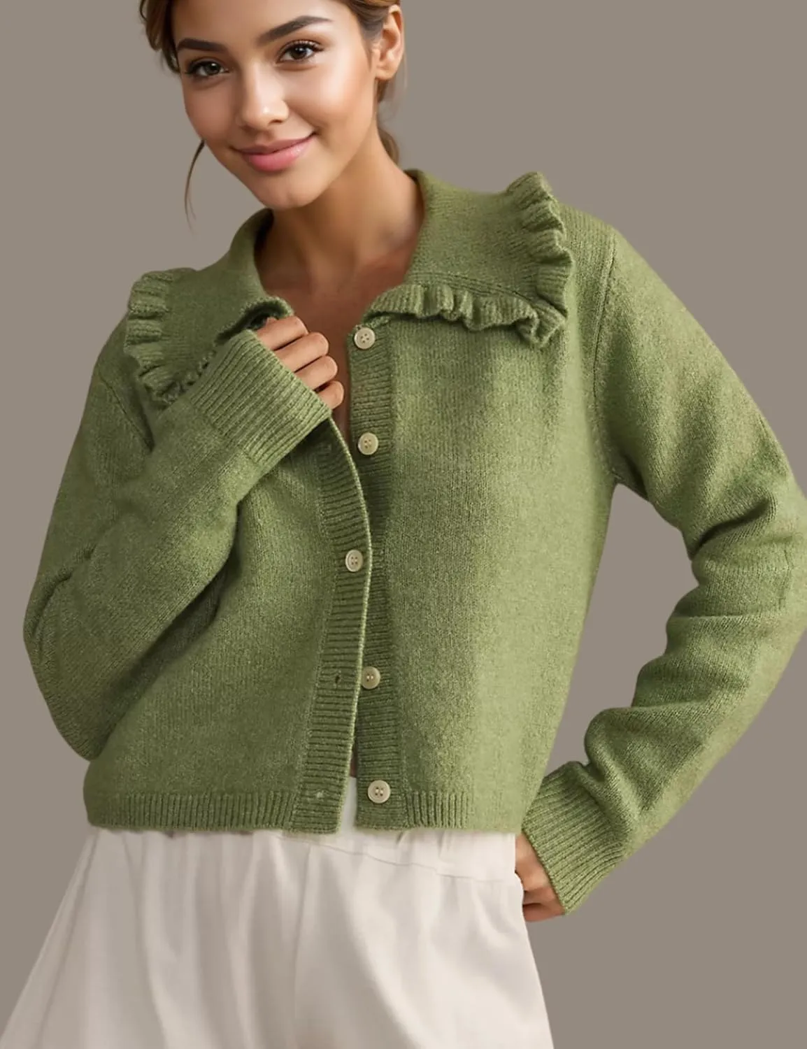 InterNos Womens Y2k Ruffled Collar Cardigan Sweaters Classic Button Down Long Sleeves Fall Sweater Crop Tops