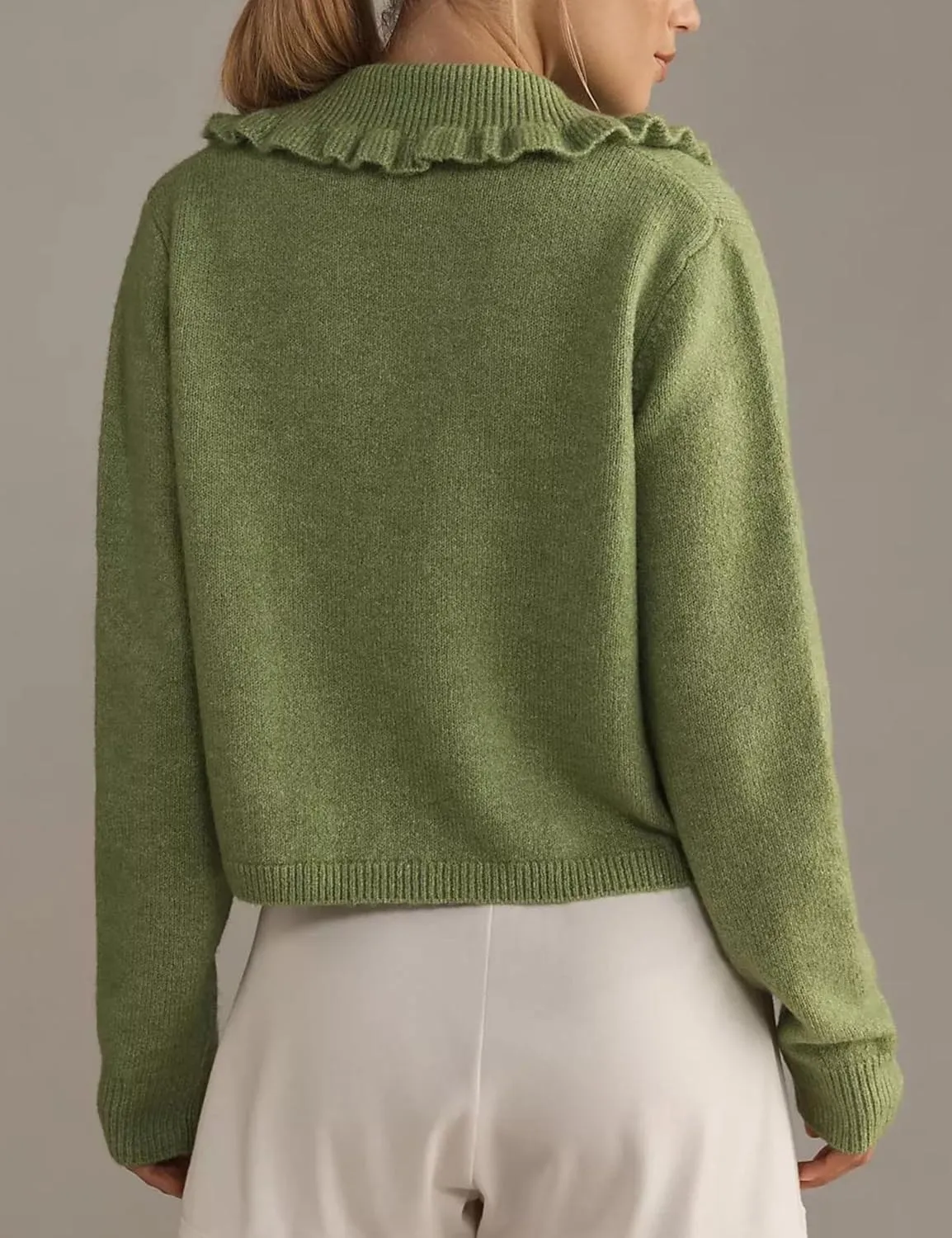 InterNos Womens Y2k Ruffled Collar Cardigan Sweaters Classic Button Down Long Sleeves Fall Sweater Crop Tops