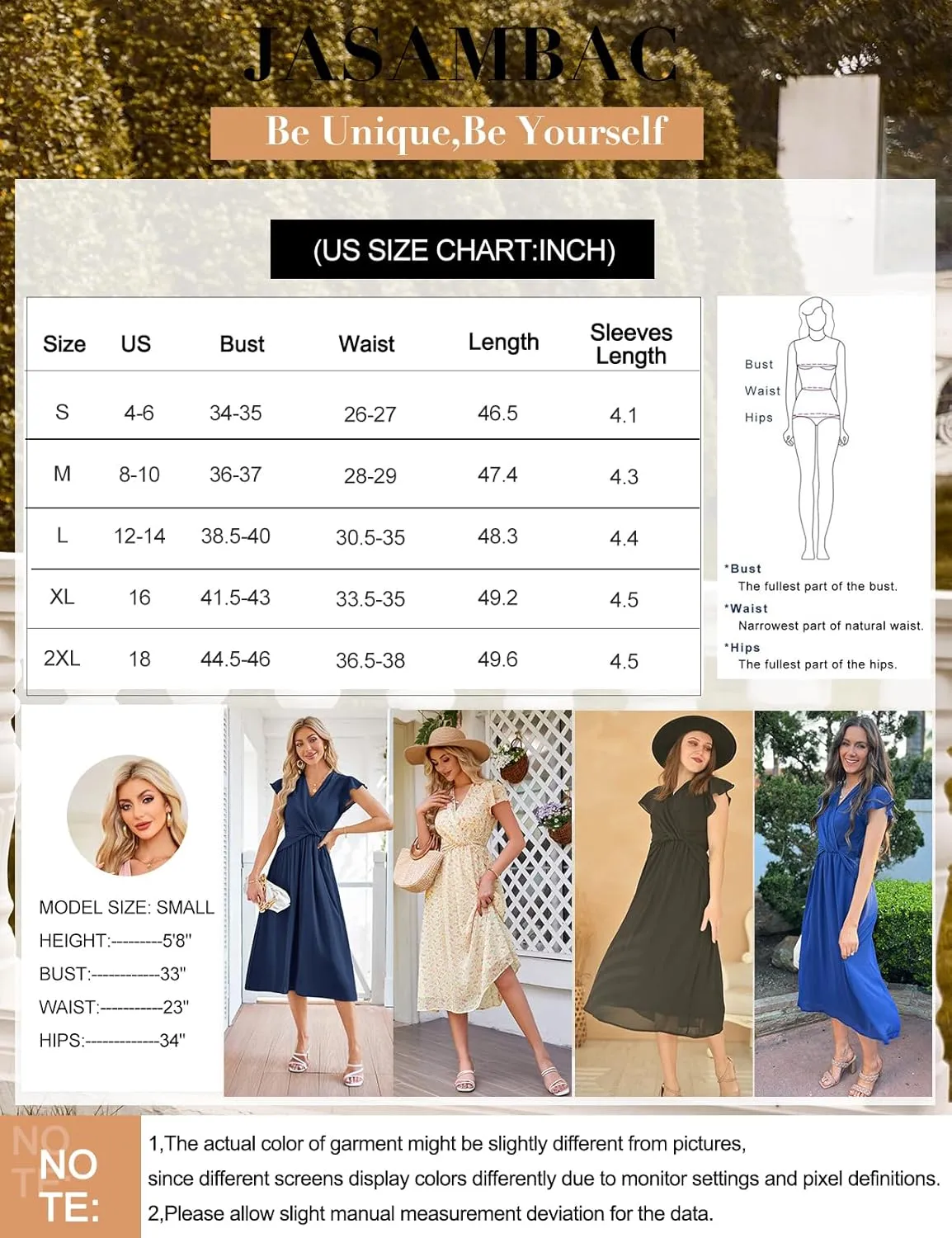 JASAMBAC Womens Dresses Casual Ruffle Short Sleeves Chiffon Empire Waist Elastic V-Neck Wedding Guest A-Line Maxi Dress