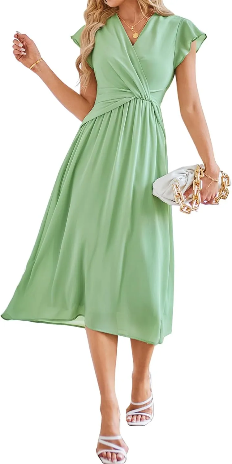 JASAMBAC Womens Dresses Casual Ruffle Short Sleeves Chiffon Empire Waist Elastic V-Neck Wedding Guest A-Line Maxi Dress
