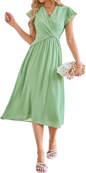 JASAMBAC Womens Dresses Casual Ruffle Short Sleeves Chiffon Empire Waist Elastic V-Neck Wedding Guest A-Line Maxi Dress