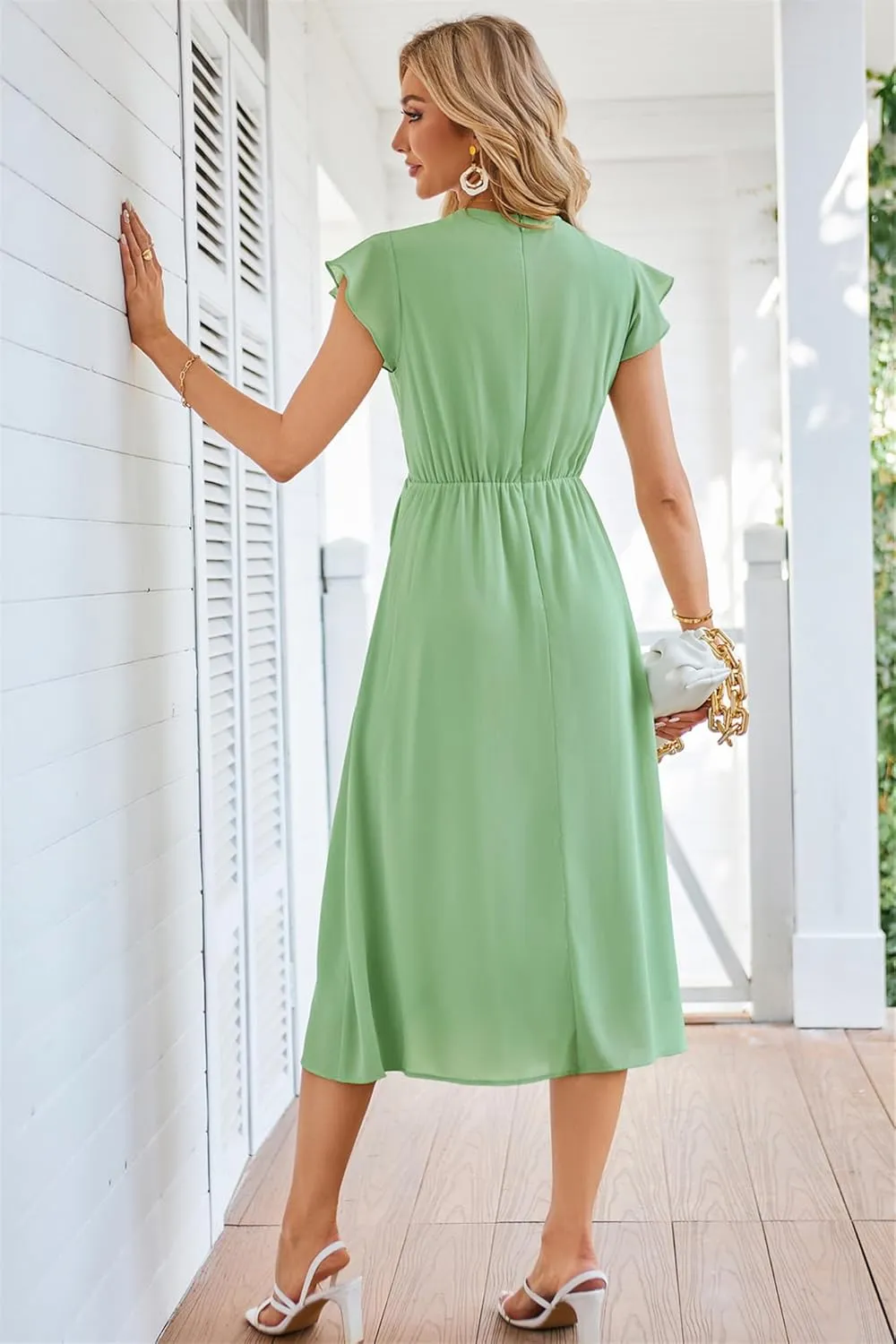 JASAMBAC Womens Dresses Casual Ruffle Short Sleeves Chiffon Empire Waist Elastic V-Neck Wedding Guest A-Line Maxi Dress