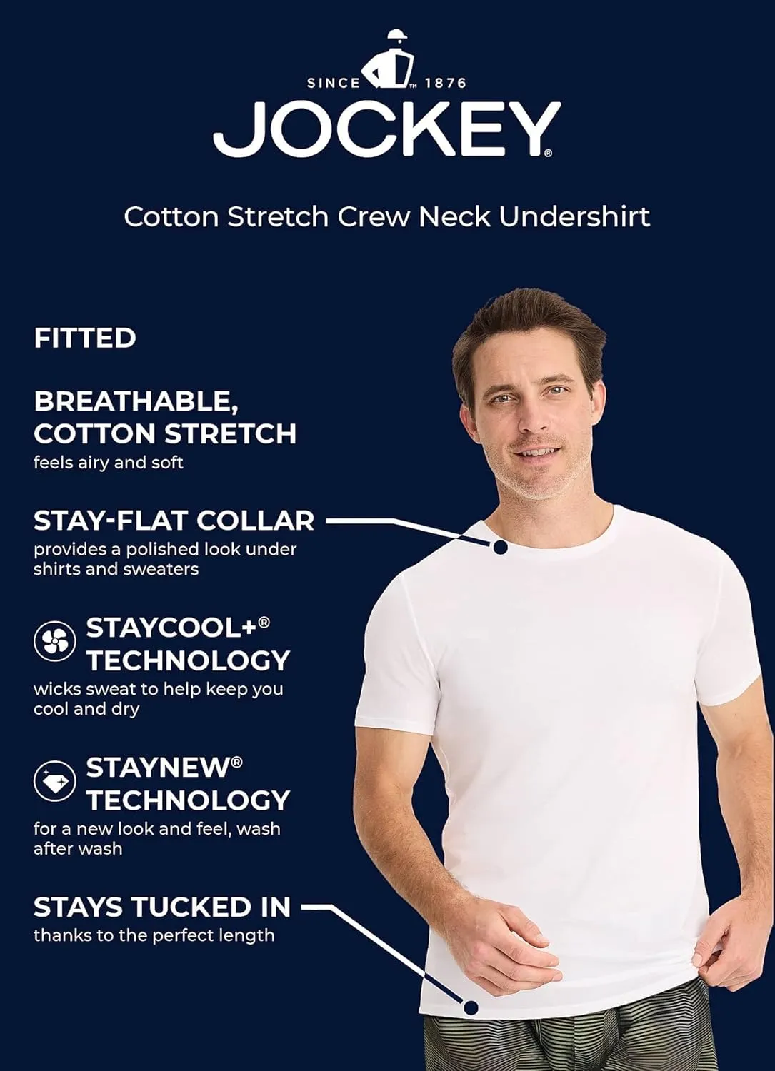 Jockey Men's Undershirt Cotton Stretch Crew Neck Undershirt - 3 Pack