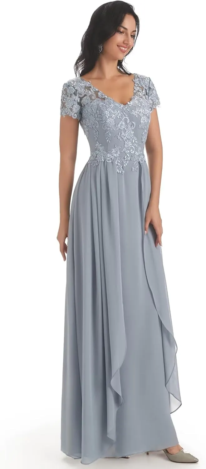 Lace Mother of The Bride Dresses for Wedding Chiffon Long Mother of The Groom Dresses with Short Sleeves