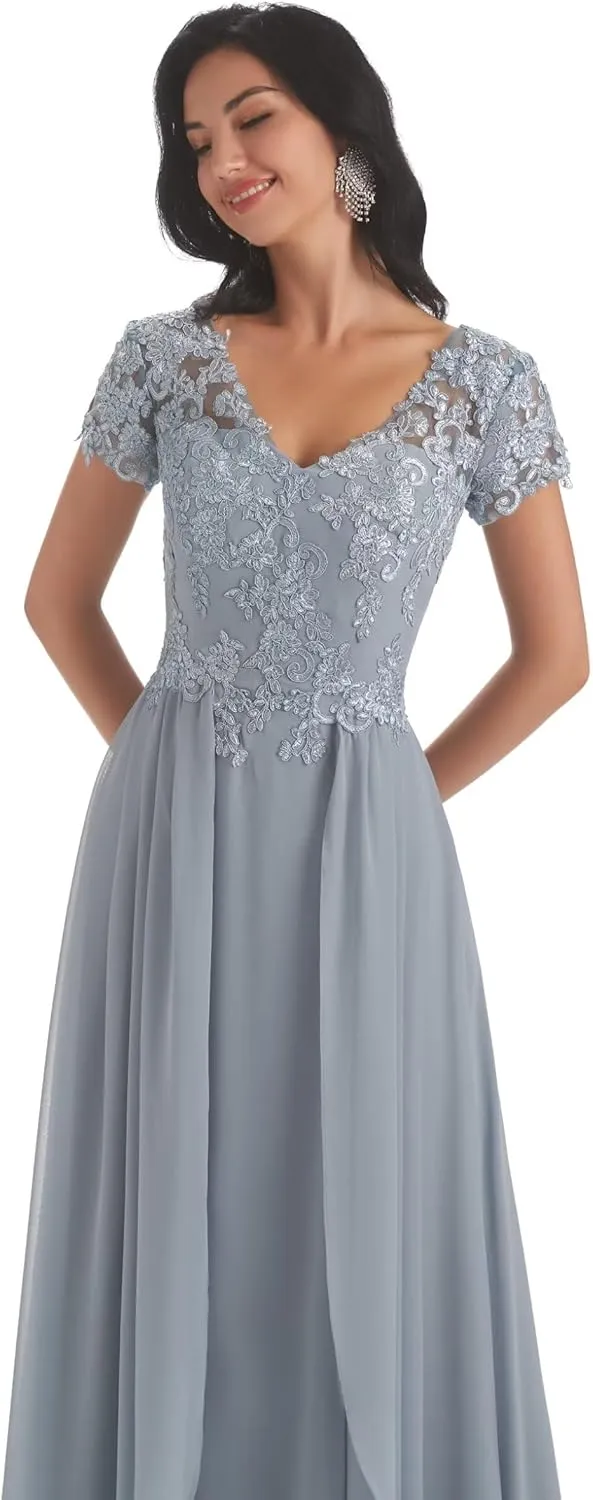Lace Mother of The Bride Dresses for Wedding Chiffon Long Mother of The Groom Dresses with Short Sleeves