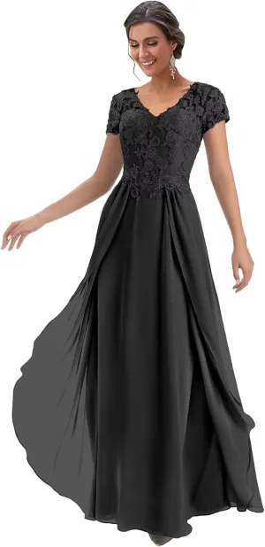 Lace Mother of The Bride Dresses for Wedding Chiffon Long Mother of The Groom Dresses with Short Sleeves