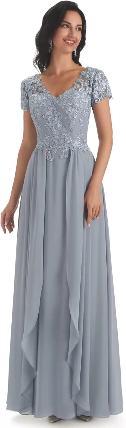 Lace Mother of The Bride Dresses for Wedding Chiffon Long Mother of The Groom Dresses with Short Sleeves