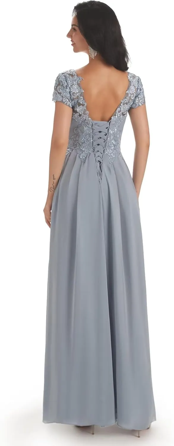 Lace Mother of The Bride Dresses for Wedding Chiffon Long Mother of The Groom Dresses with Short Sleeves