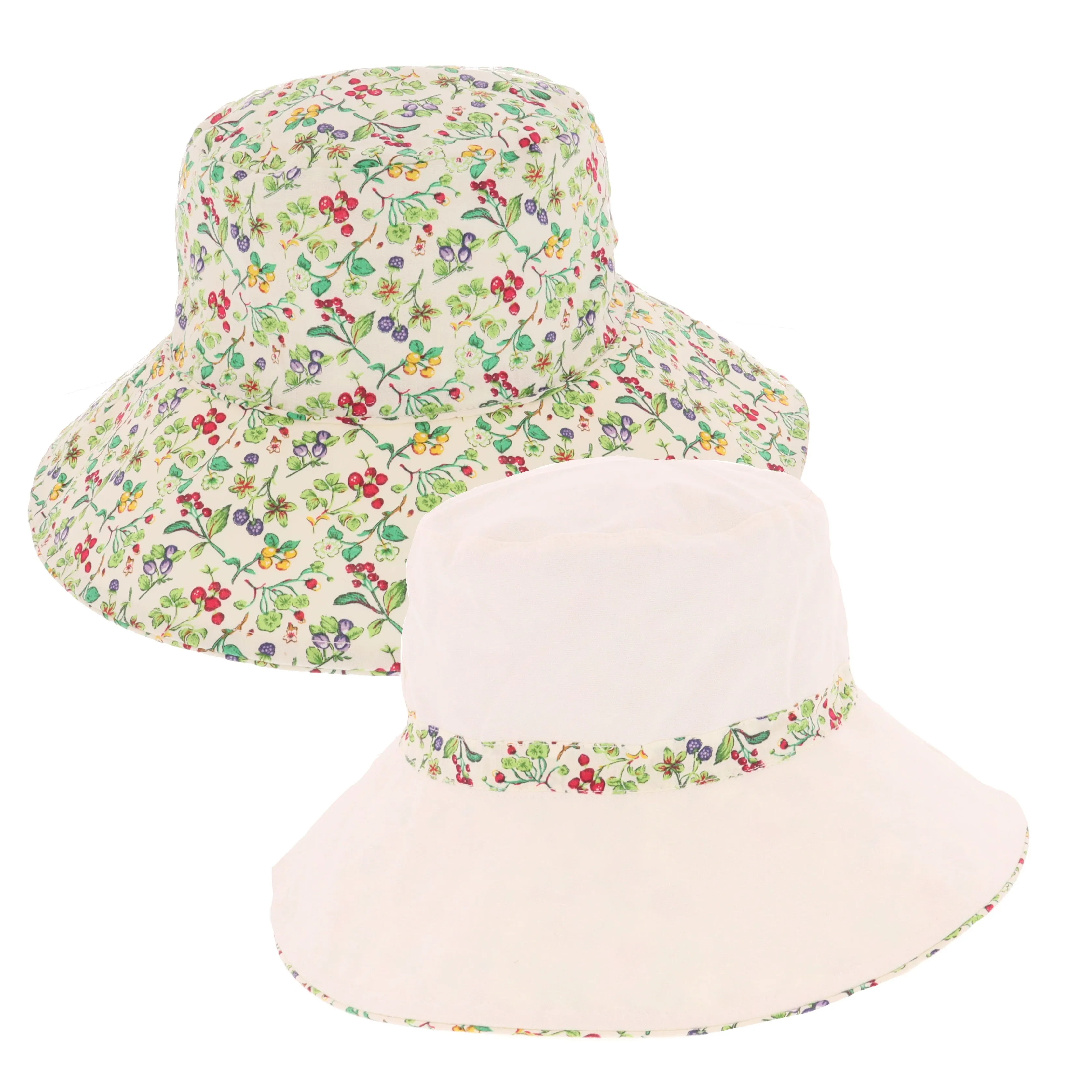 Ladies Wide Brim Reversible Cotton Floral Print Sun Hat - Green