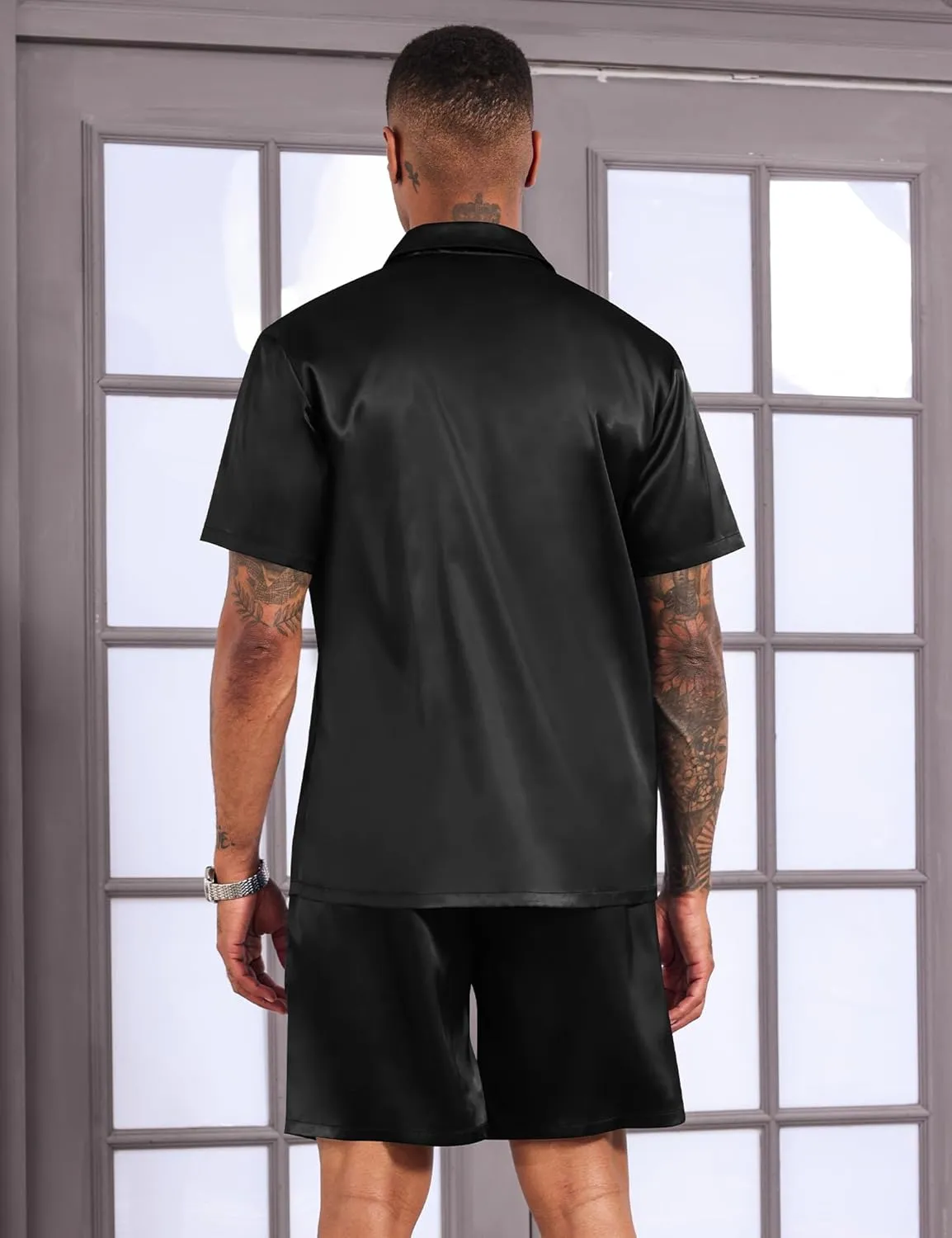 LecGee Men's Satin 2 Piece Outfits Lapel Shirt and Shorts Short Sleeve Button Down Tracksuit Luxury Set Prom Club Party