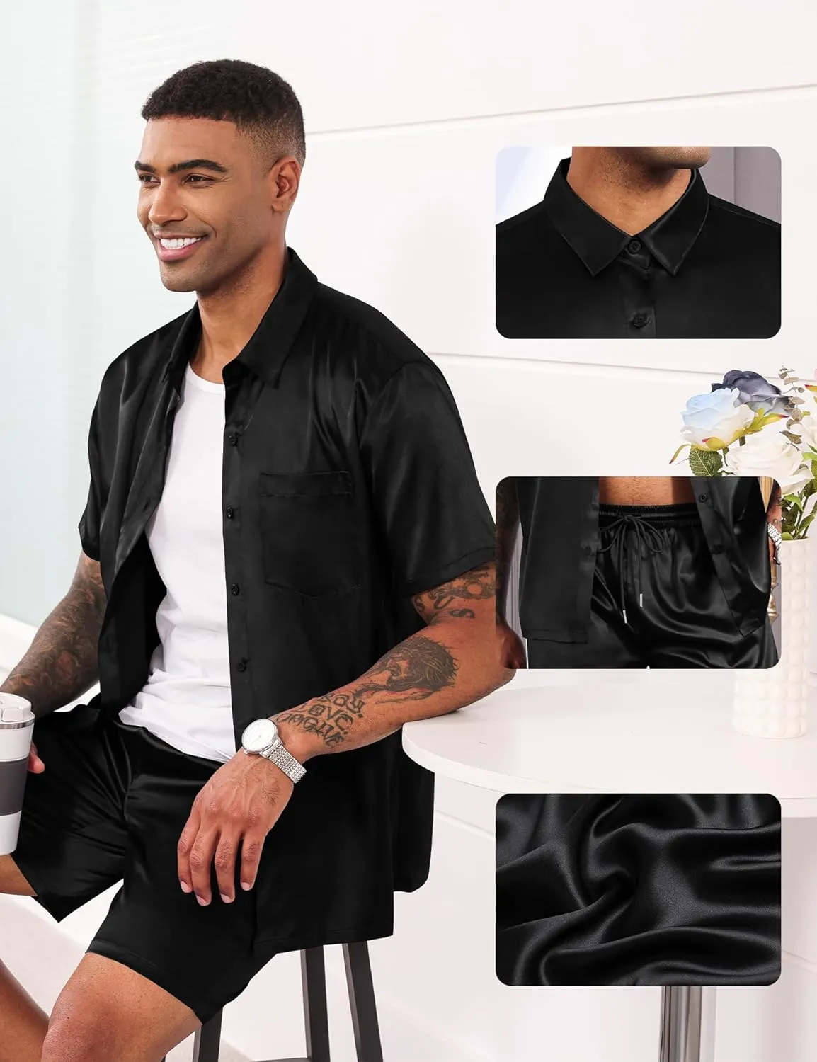 LecGee Men's Satin 2 Piece Outfits Lapel Shirt and Shorts Short Sleeve Button Down Tracksuit Luxury Set Prom Club Party