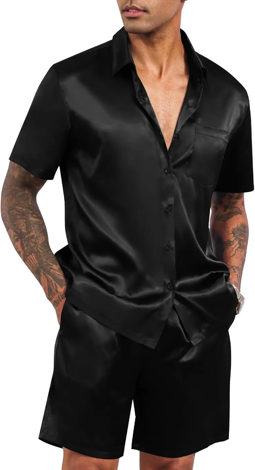 LecGee Men's Satin 2 Piece Outfits Lapel Shirt and Shorts Short Sleeve Button Down Tracksuit Luxury Set Prom Club Party