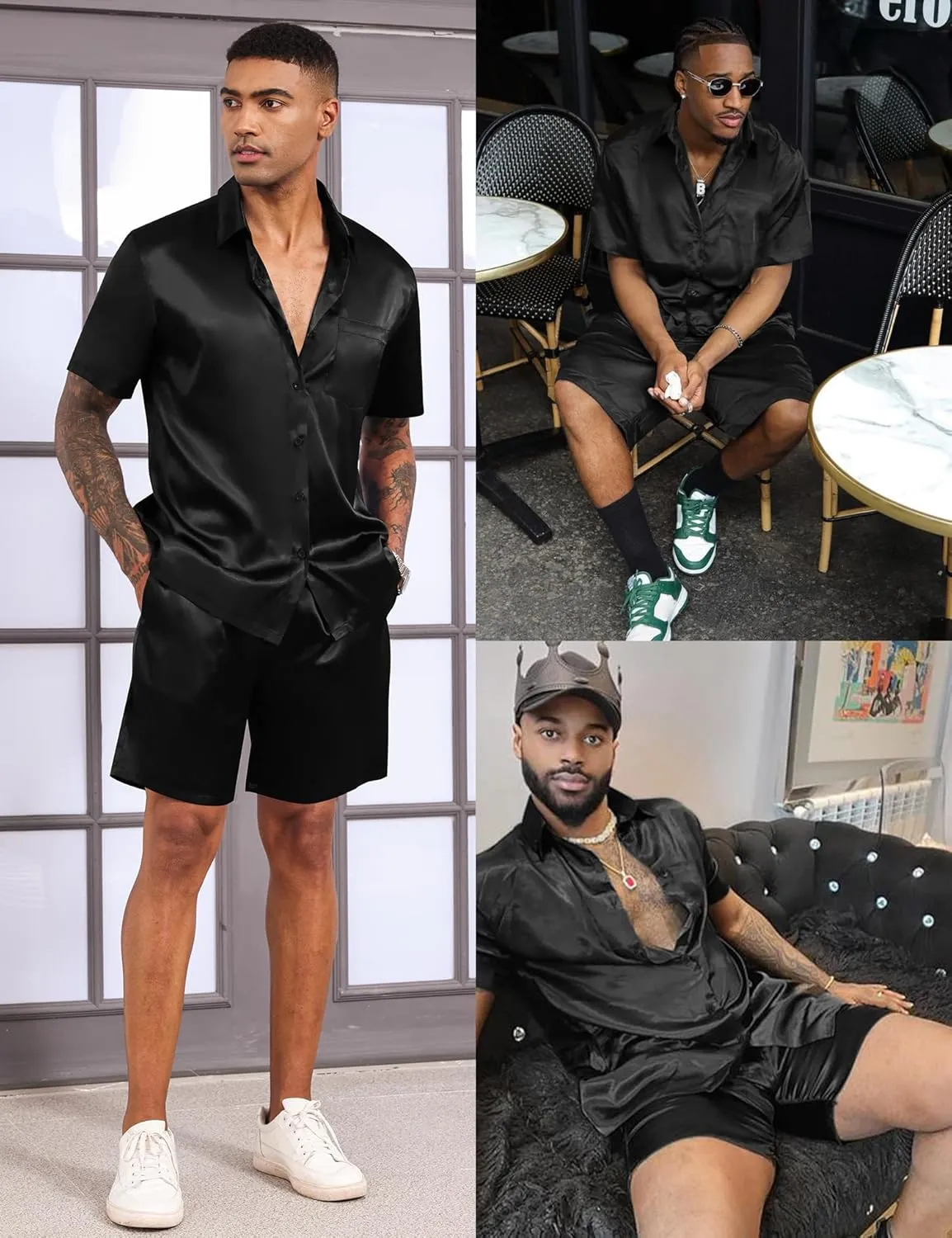 LecGee Men's Satin 2 Piece Outfits Lapel Shirt and Shorts Short Sleeve Button Down Tracksuit Luxury Set Prom Club Party