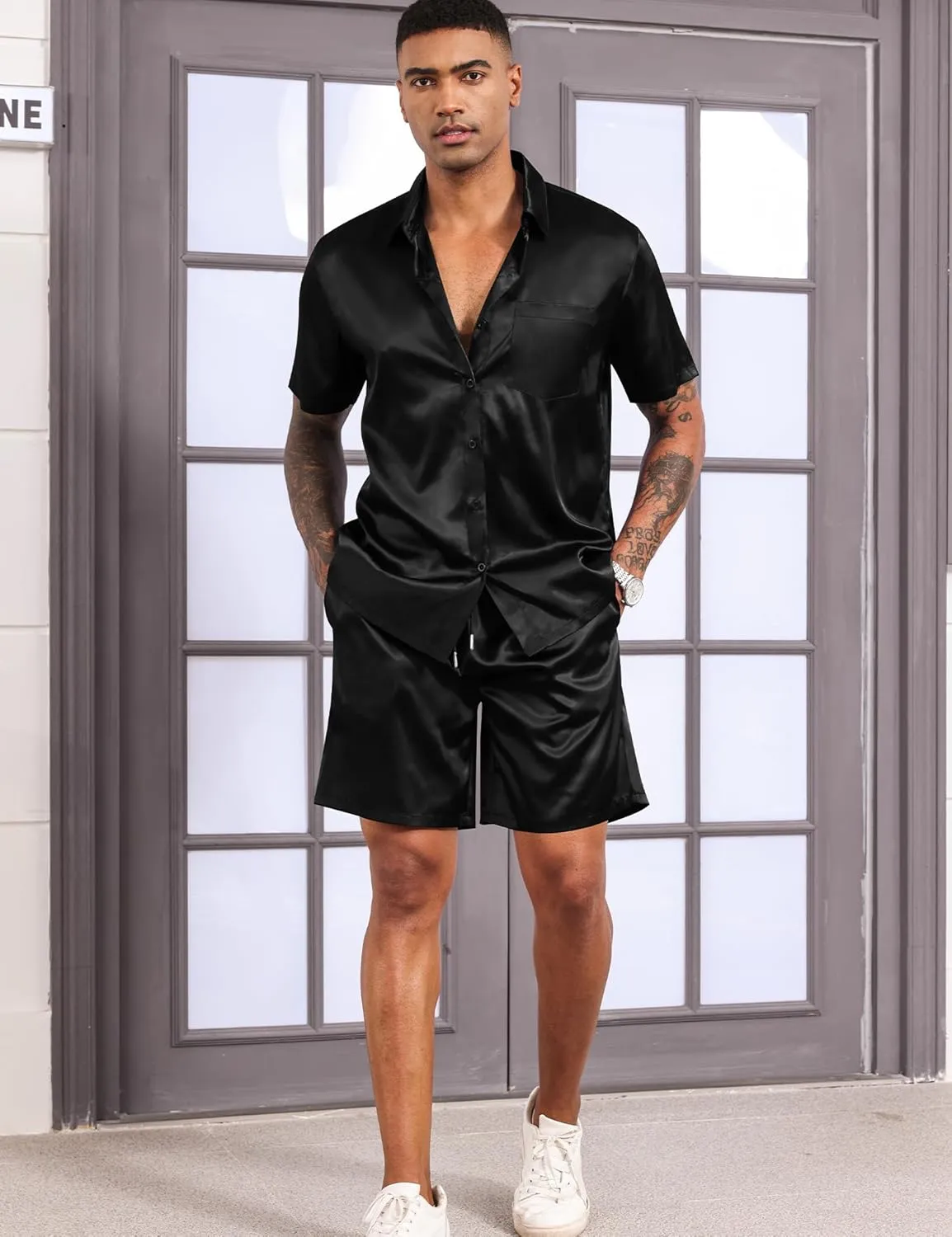 LecGee Men's Satin 2 Piece Outfits Lapel Shirt and Shorts Short Sleeve Button Down Tracksuit Luxury Set Prom Club Party