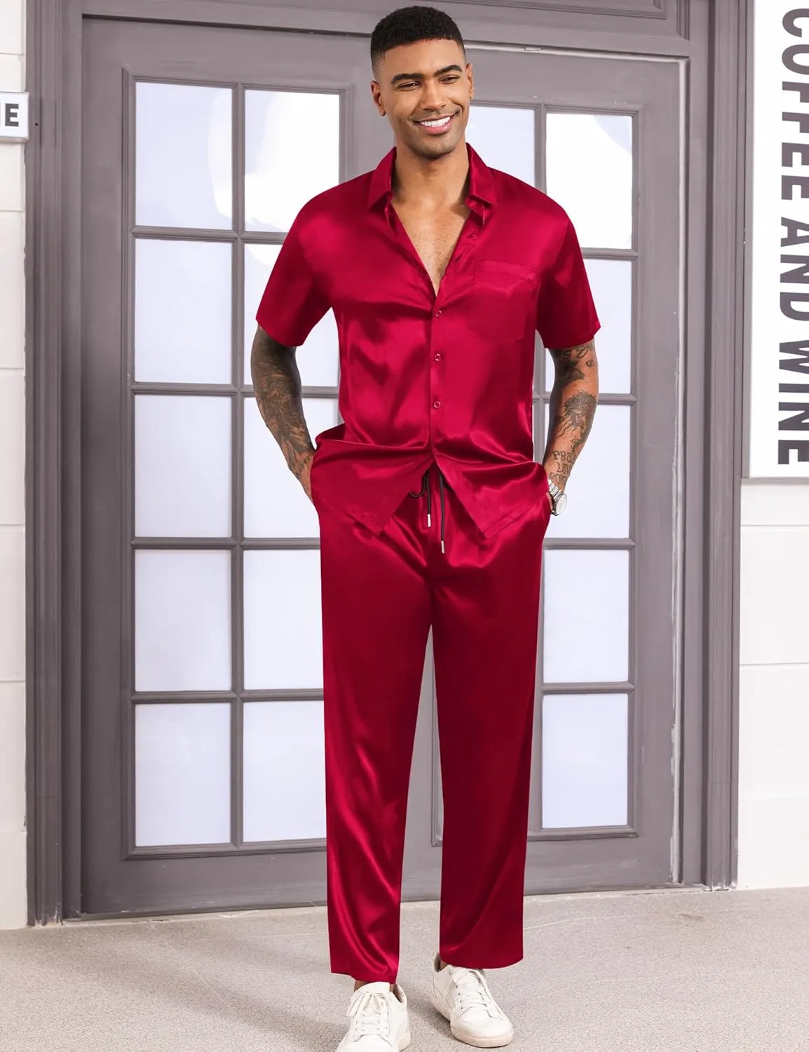 LecGee Men's Satin 2 Piece Outfits Lapel Short Sleeve Tracksuit Button Tops Jogger Pants Set With Pocket Prom Club Party