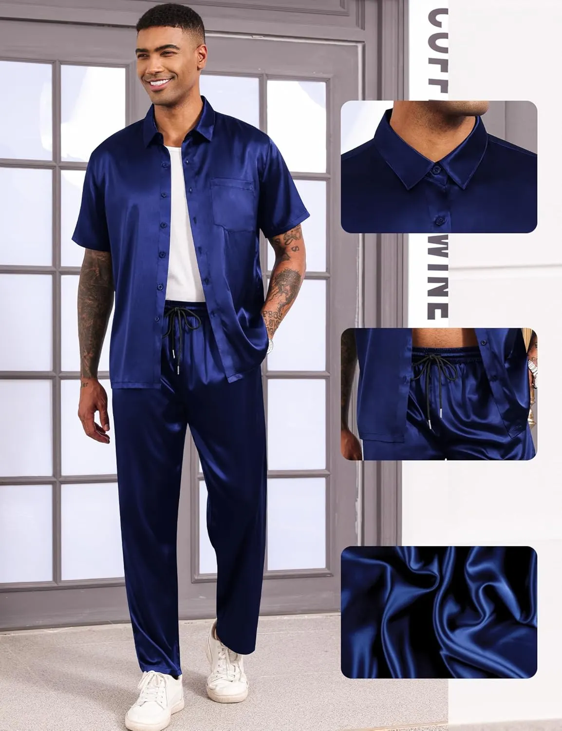 LecGee Men's Satin 2 Piece Outfits Lapel Short Sleeve Tracksuit Button Tops Jogger Pants Set With Pocket Prom Club Party