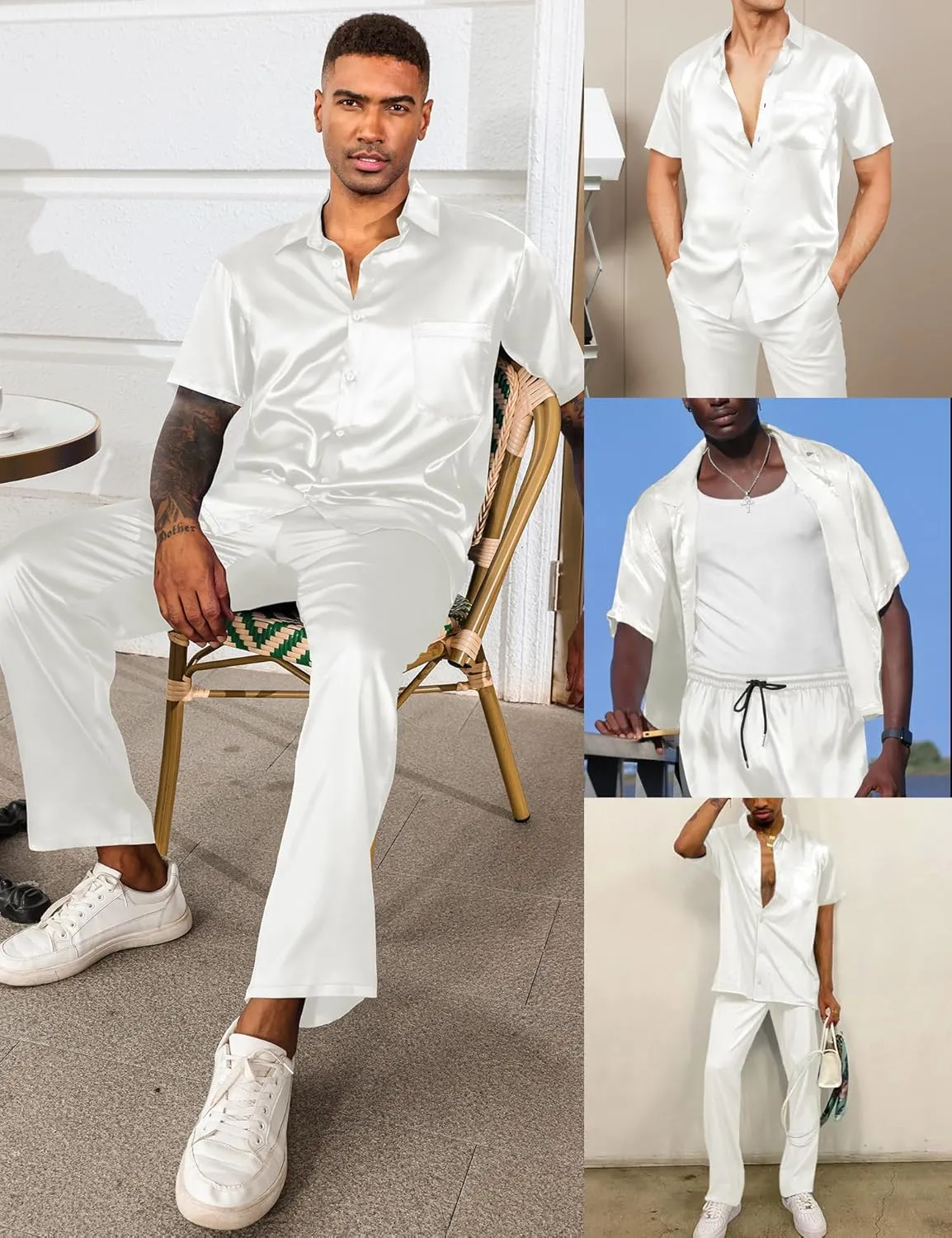 LecGee Men's Satin 2 Piece Outfits Lapel Short Sleeve Tracksuit Button Tops Jogger Pants Set With Pocket Prom Club Party