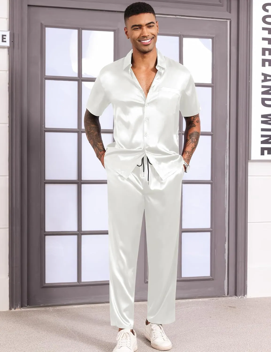 LecGee Men's Satin 2 Piece Outfits Lapel Short Sleeve Tracksuit Button Tops Jogger Pants Set With Pocket Prom Club Party