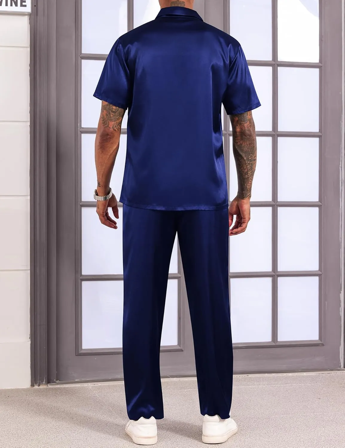 LecGee Men's Satin 2 Piece Outfits Lapel Short Sleeve Tracksuit Button Tops Jogger Pants Set With Pocket Prom Club Party