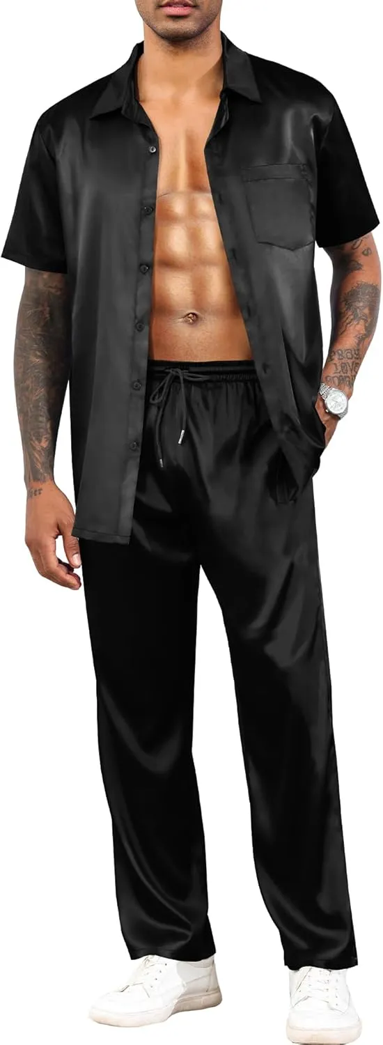 LecGee Men's Satin 2 Piece Outfits Lapel Short Sleeve Tracksuit Button Tops Jogger Pants Set With Pocket Prom Club Party