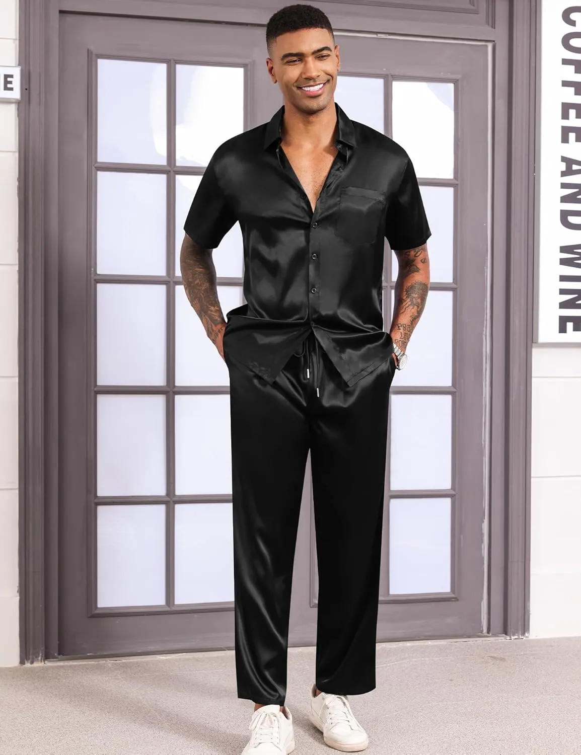 LecGee Men's Satin 2 Piece Outfits Lapel Short Sleeve Tracksuit Button Tops Jogger Pants Set With Pocket Prom Club Party