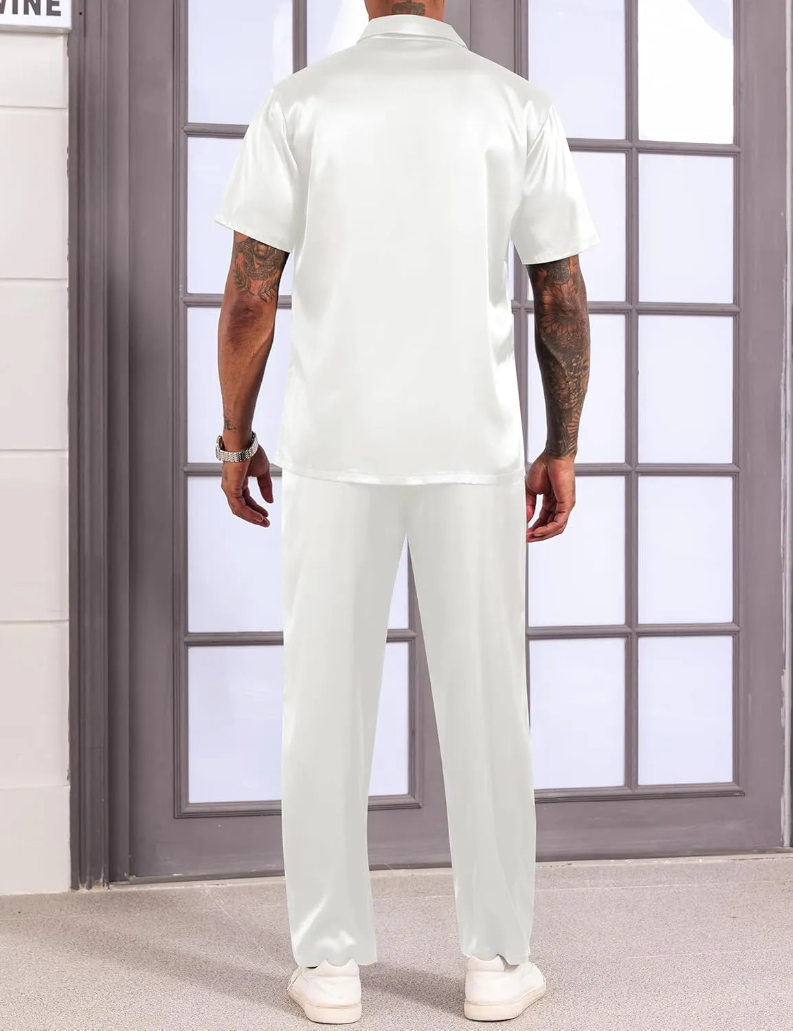 LecGee Men's Satin 2 Piece Outfits Lapel Short Sleeve Tracksuit Button Tops Jogger Pants Set With Pocket Prom Club Party