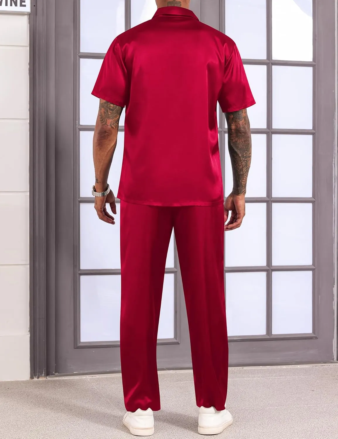 LecGee Men's Satin 2 Piece Outfits Lapel Short Sleeve Tracksuit Button Tops Jogger Pants Set With Pocket Prom Club Party
