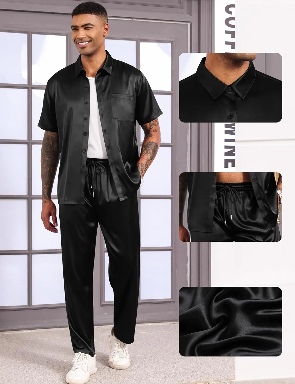 LecGee Men's Satin 2 Piece Outfits Lapel Short Sleeve Tracksuit Button Tops Jogger Pants Set With Pocket Prom Club Party