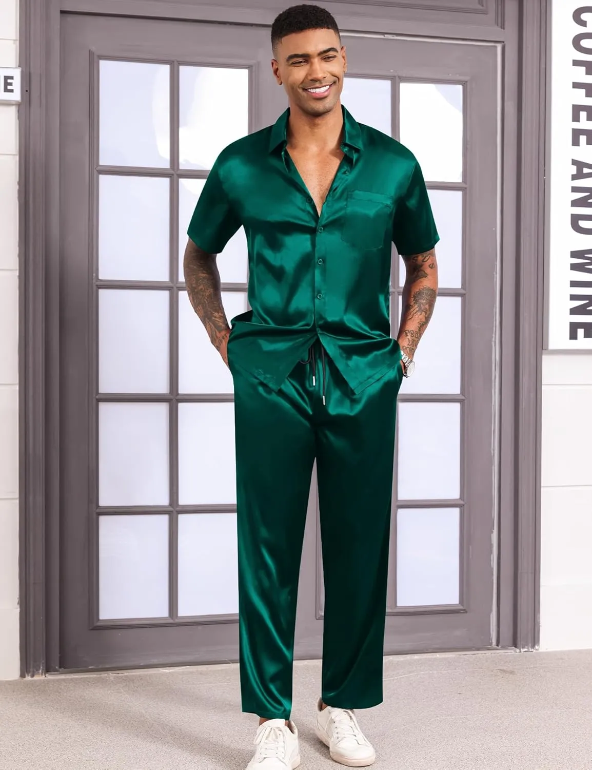 LecGee Men's Satin 2 Piece Outfits Lapel Short Sleeve Tracksuit Button Tops Jogger Pants Set With Pocket Prom Club Party