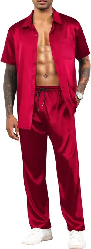 LecGee Men's Satin 2 Piece Outfits Lapel Short Sleeve Tracksuit Button Tops Jogger Pants Set With Pocket Prom Club Party