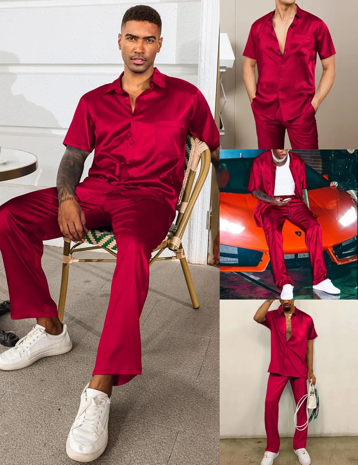 LecGee Men's Satin 2 Piece Outfits Lapel Short Sleeve Tracksuit Button Tops Jogger Pants Set With Pocket Prom Club Party