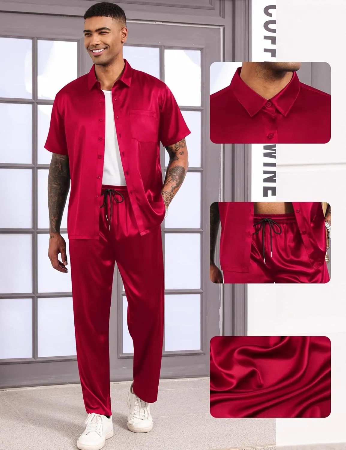 LecGee Men's Satin 2 Piece Outfits Lapel Short Sleeve Tracksuit Button Tops Jogger Pants Set With Pocket Prom Club Party