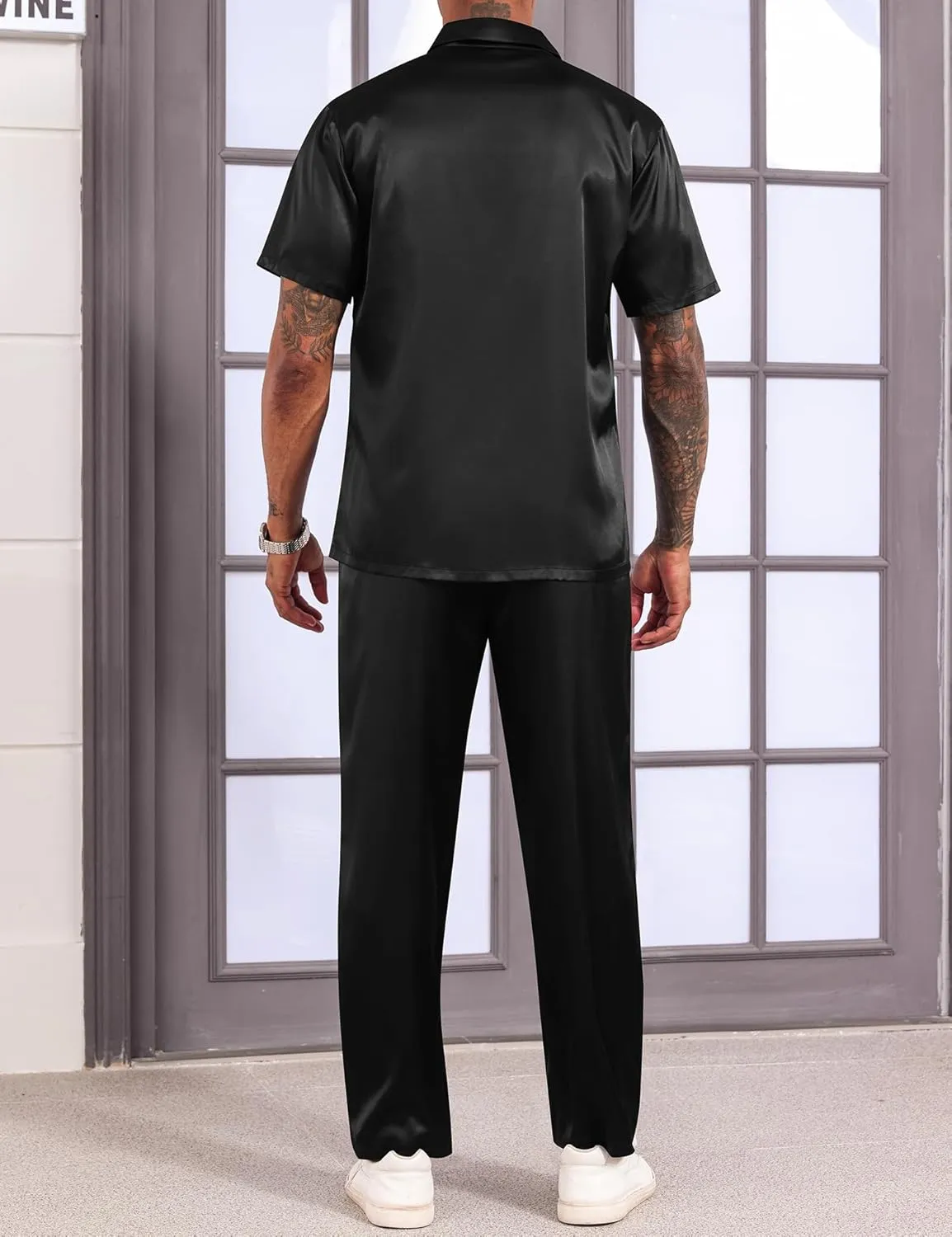 LecGee Men's Satin 2 Piece Outfits Lapel Short Sleeve Tracksuit Button Tops Jogger Pants Set With Pocket Prom Club Party